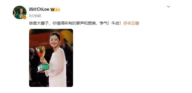 辛芷蕾获威尼斯电影节最佳女演员奖 李冰冰高叶发文祝贺